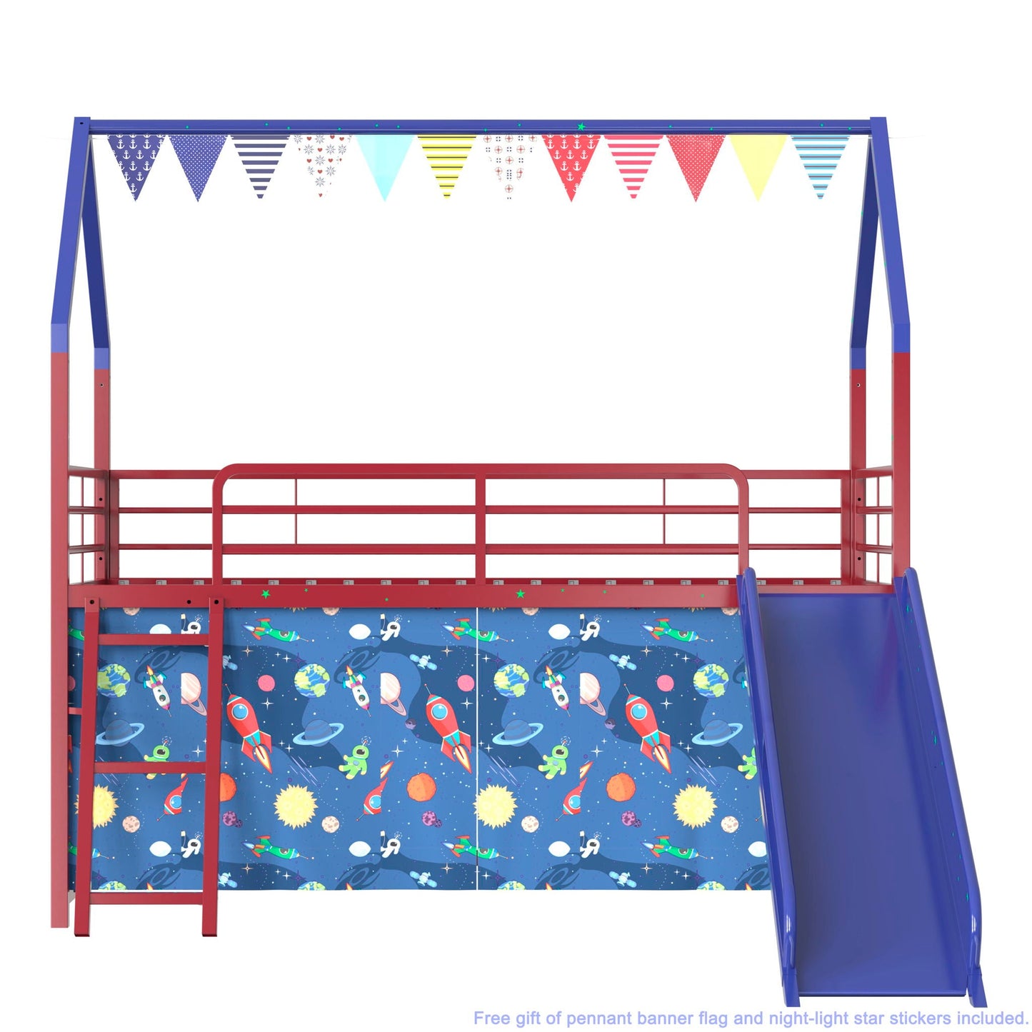 Jack House loft bed with slide and curtain set, blue-red frame with space rocket decals on Tampa Home & Garden Store