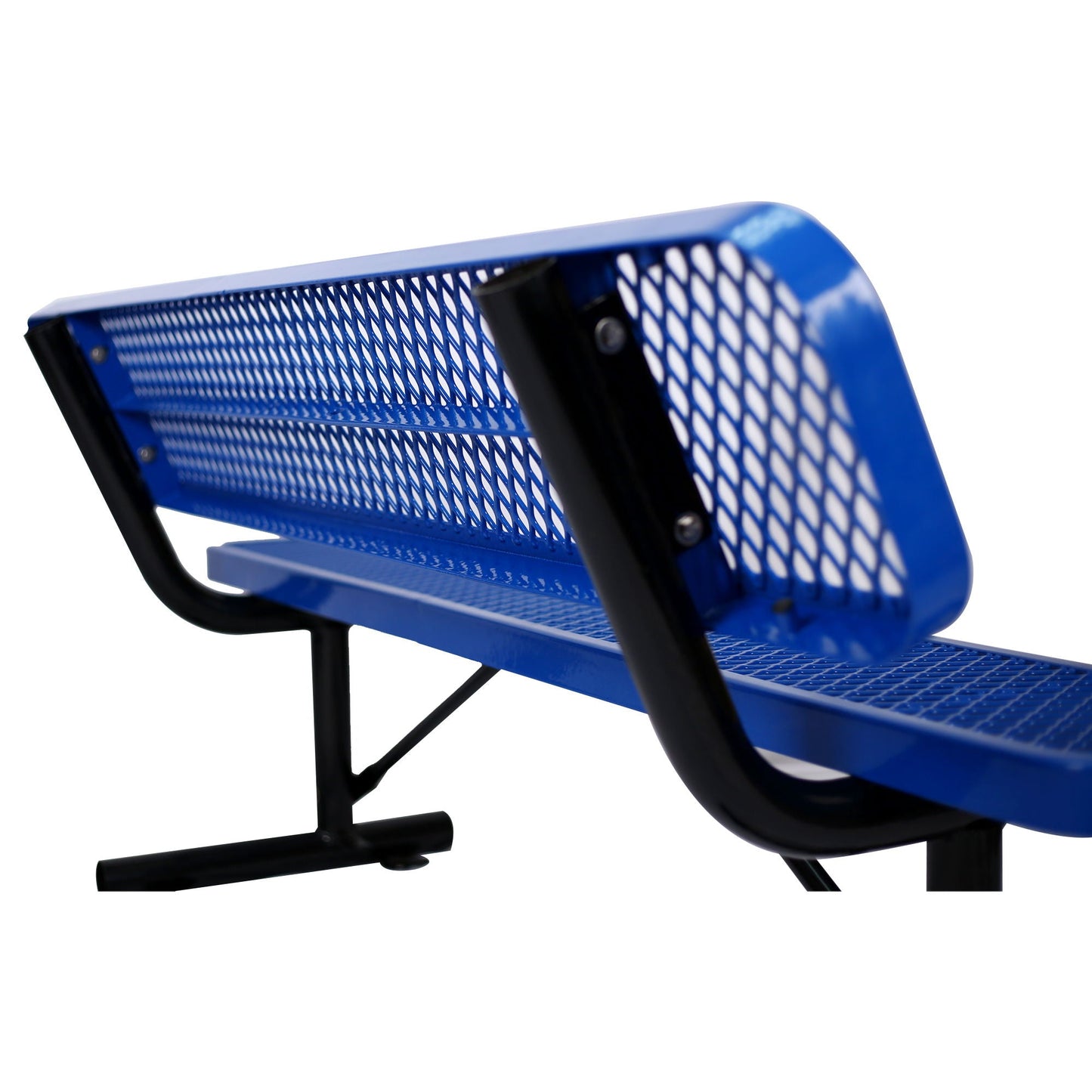 6' Outdoor steel bench with backrest in blue; perforated mesh seat and back on Tampa Home & Garden Store