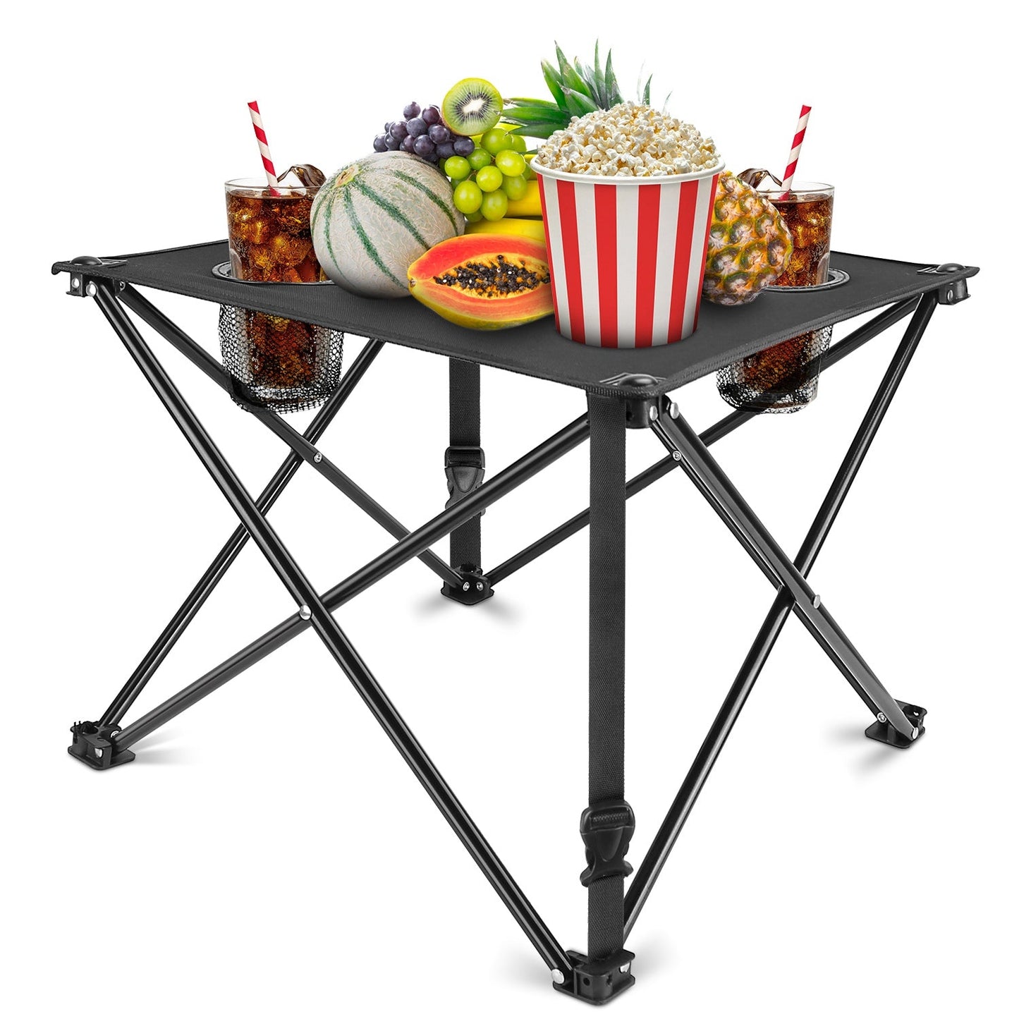 GemGear foldable camping table black steel frame with 2 cup holders on Tampa Home & Garden Store