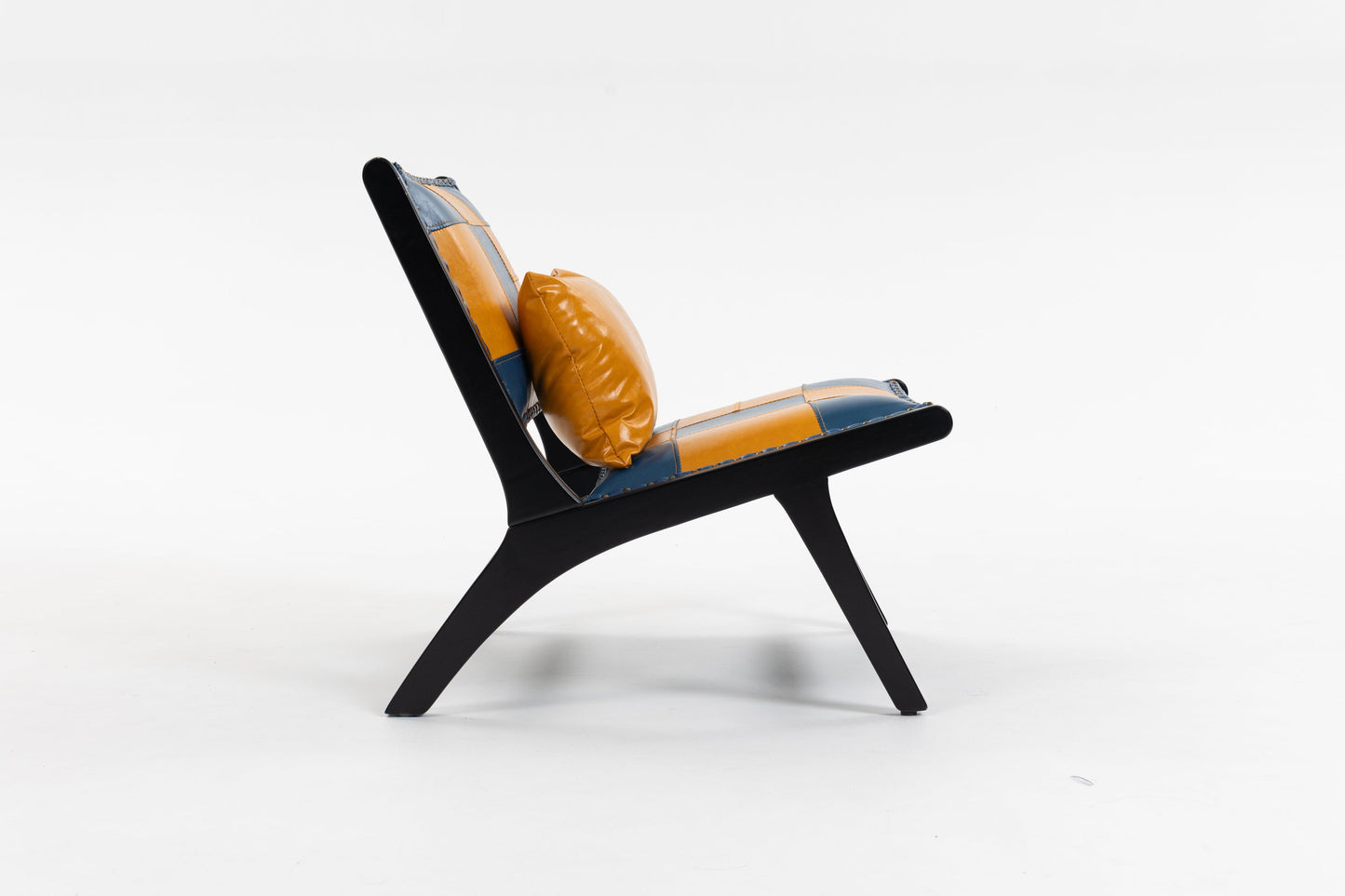 Modern Boho accent chair with blue and orange leather patchwork, living room armchair on Tampa Home & Garden Store