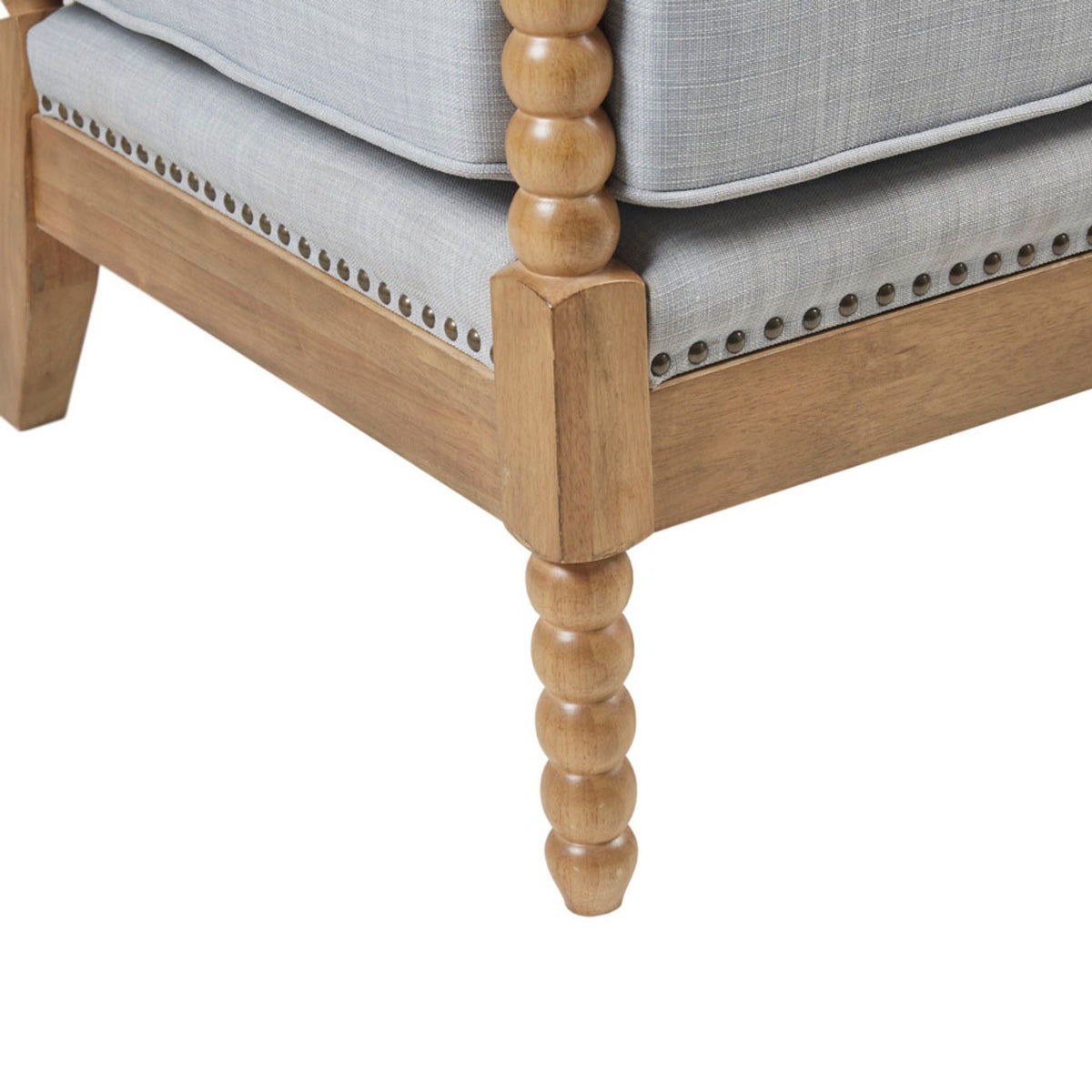 Open back spindle arm chair by HouseOfZazla with blue-gray upholstery and light oak frame on Tampa Home & Garden Store