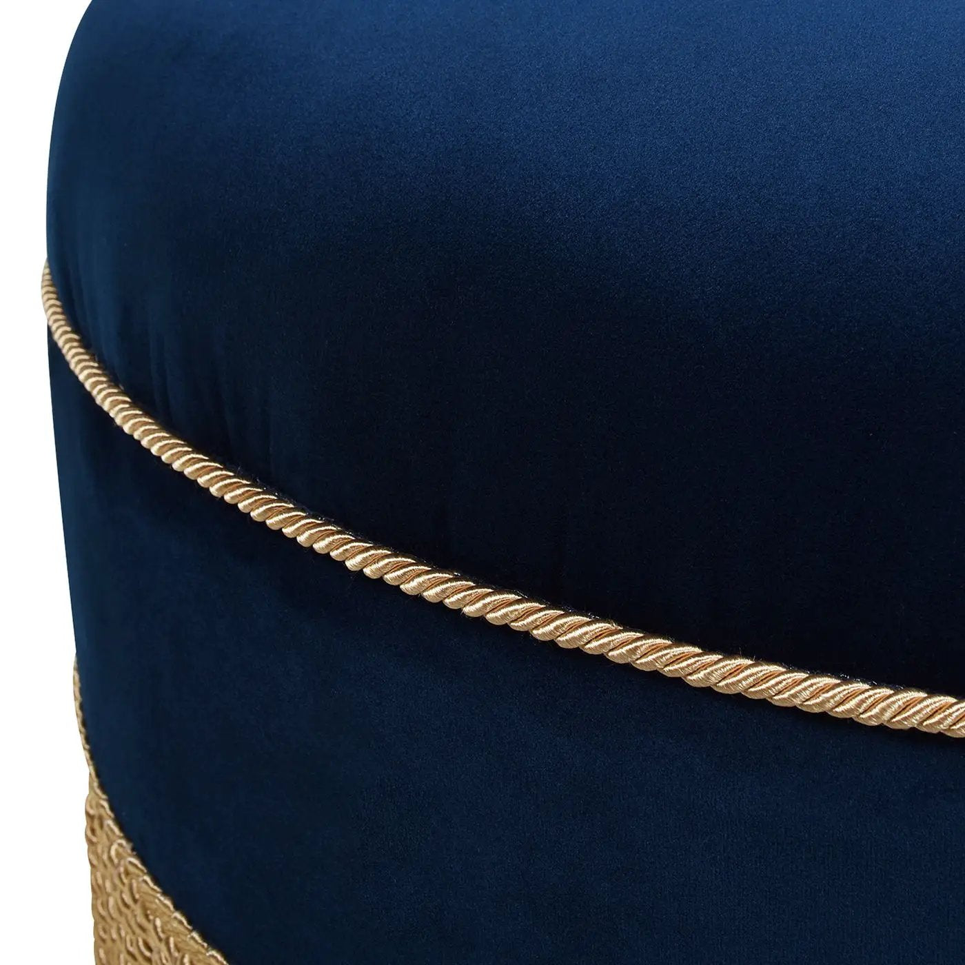 Yolanda round upholstered ottoman navy velvet with gold rope trim by Unique Piece on Tampa Home & Garden Store