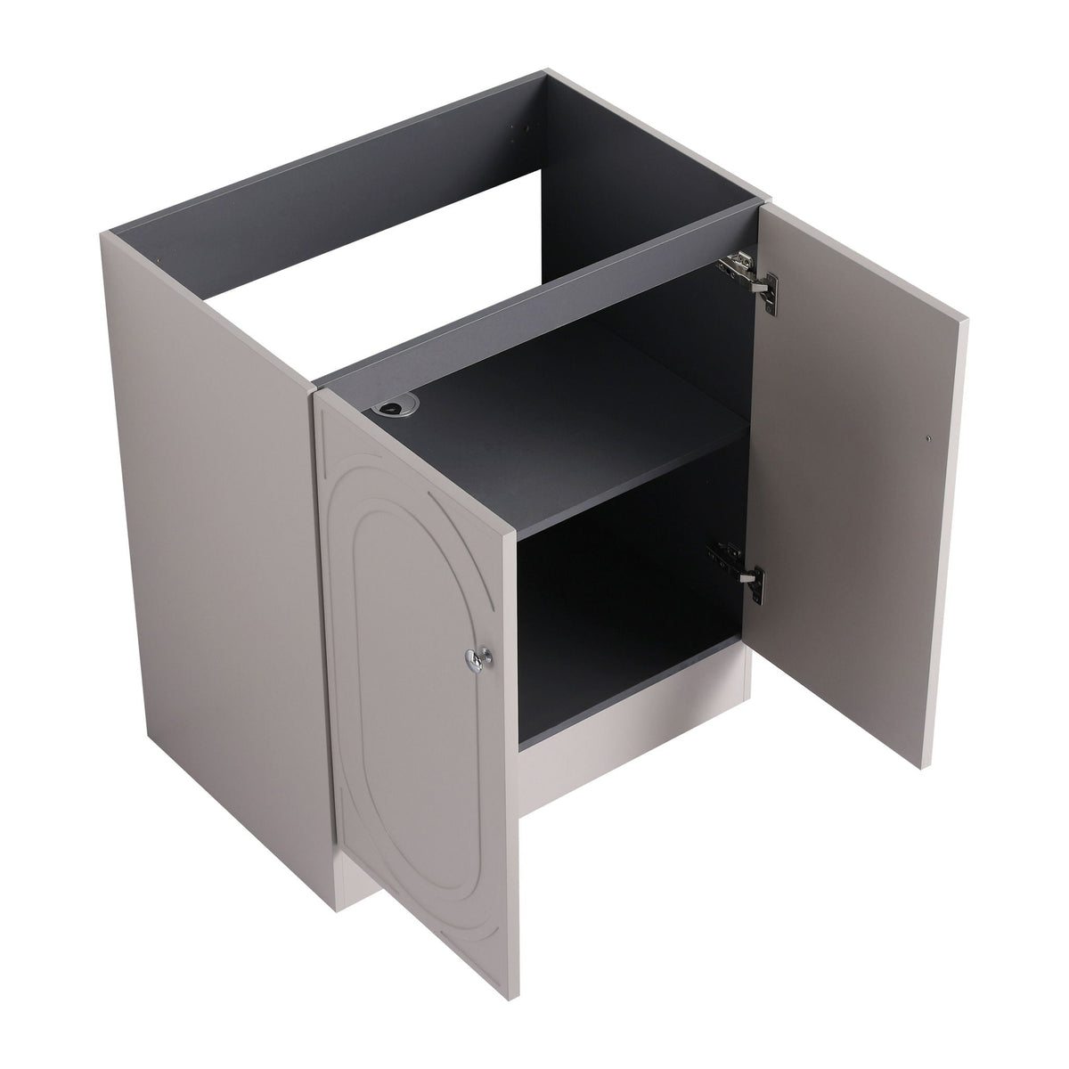 Freestanding Bath Vanity with Resin Sink, gray finish, interior shelves shown HouseOfZazla on Tampa Home & Garden Store