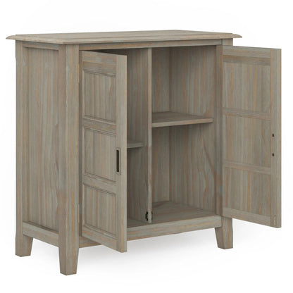 Burlington Handcrafted Low Storage Cabinet in weathered gray wood with open center shelf on Tampa Home & Garden Store