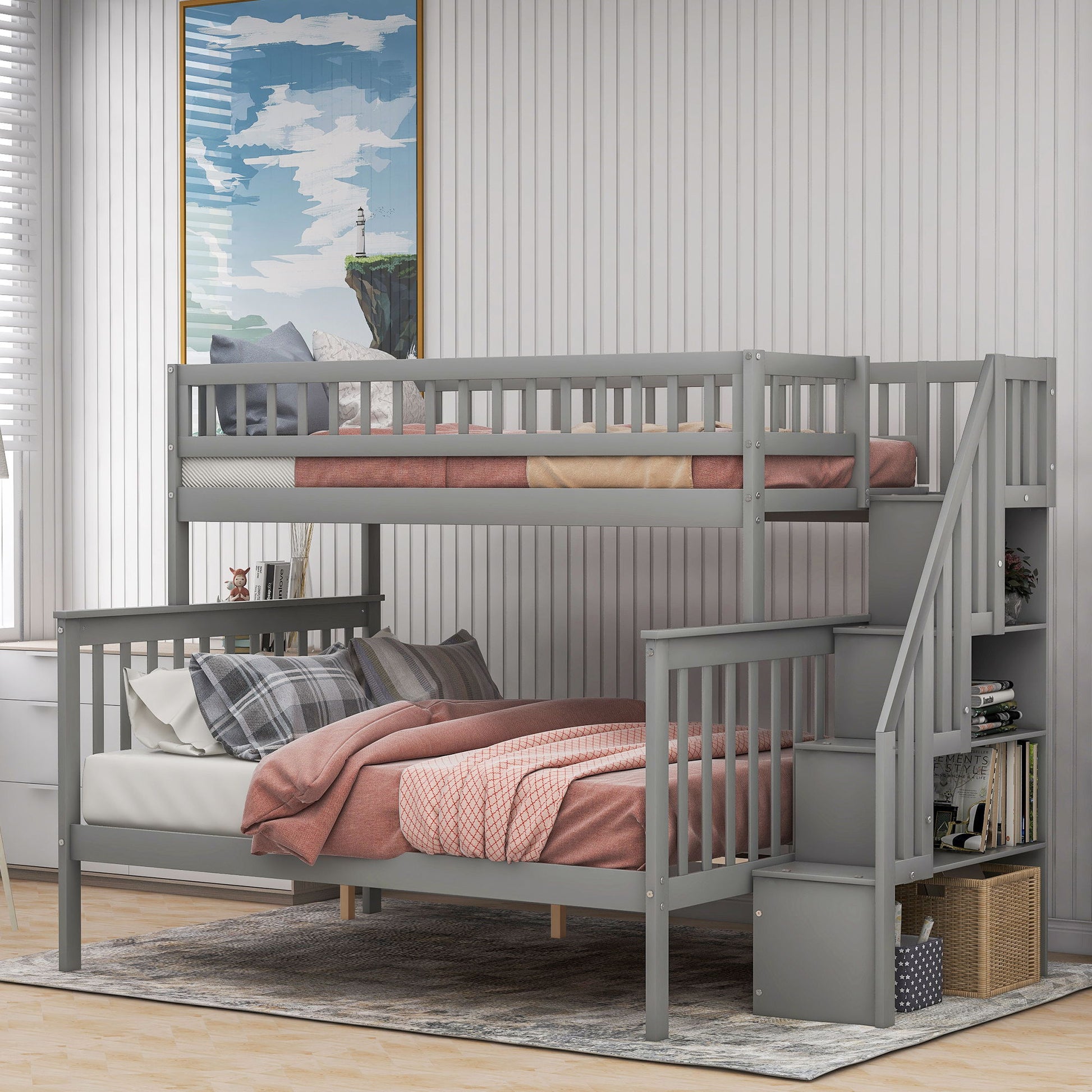 Bunk bed with staircase by HouseOfZazla in grey with storage shelves on Tampa Home & Garden Store