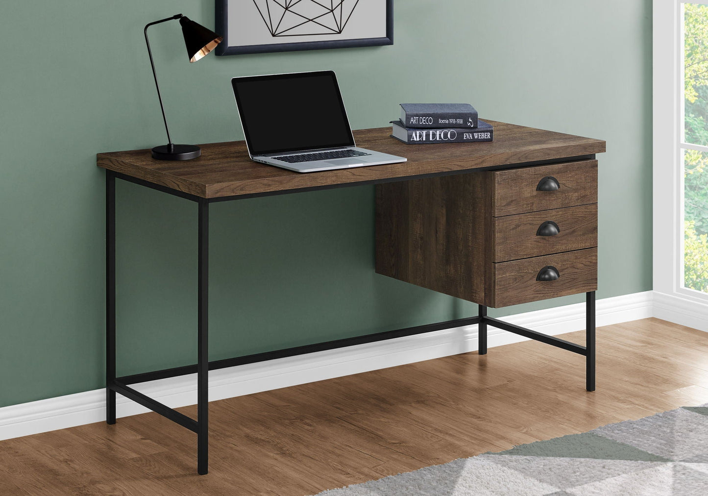 Computer desk by HouseOfZazla with dark wood top and black metal frame, 3 drawers on Tampa Home & Garden Store