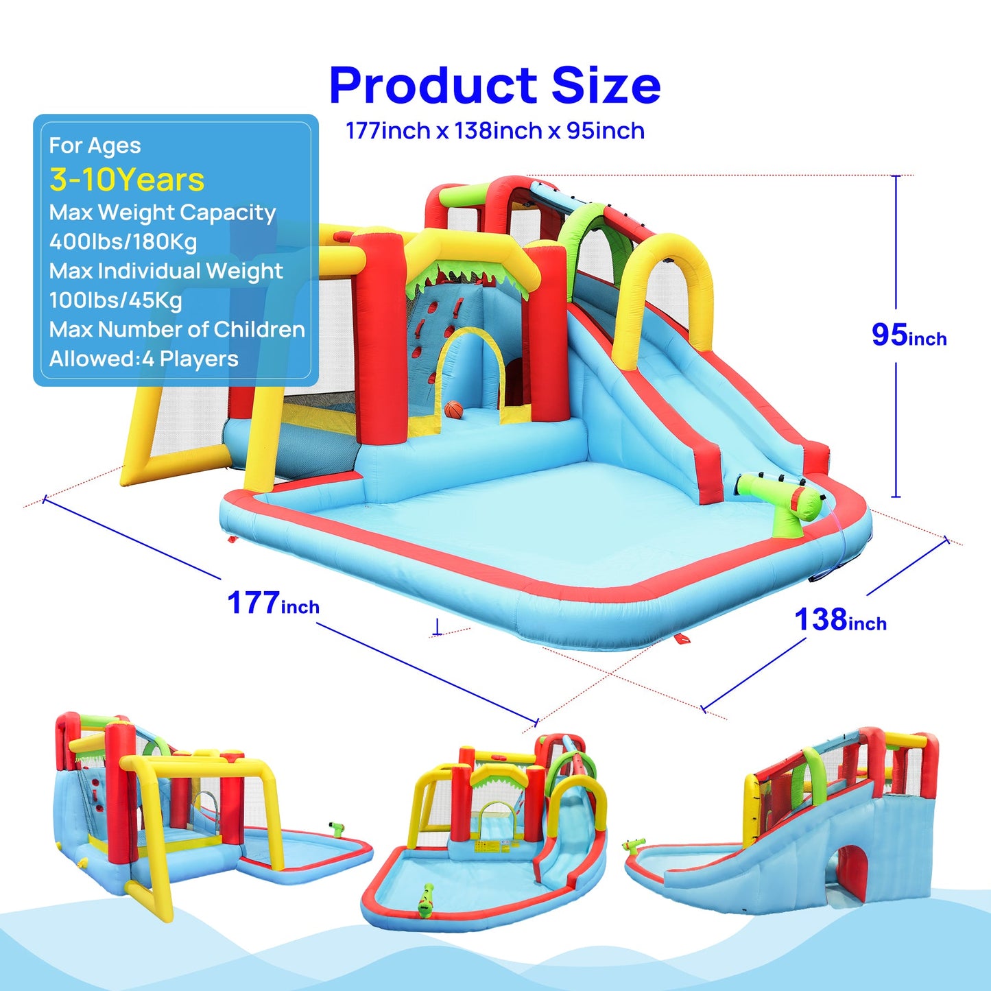 7-in-1 Inflatable Slide Water Park and Garden Bouncer, colorful blue red yellow on Tampa Home & Garden Store