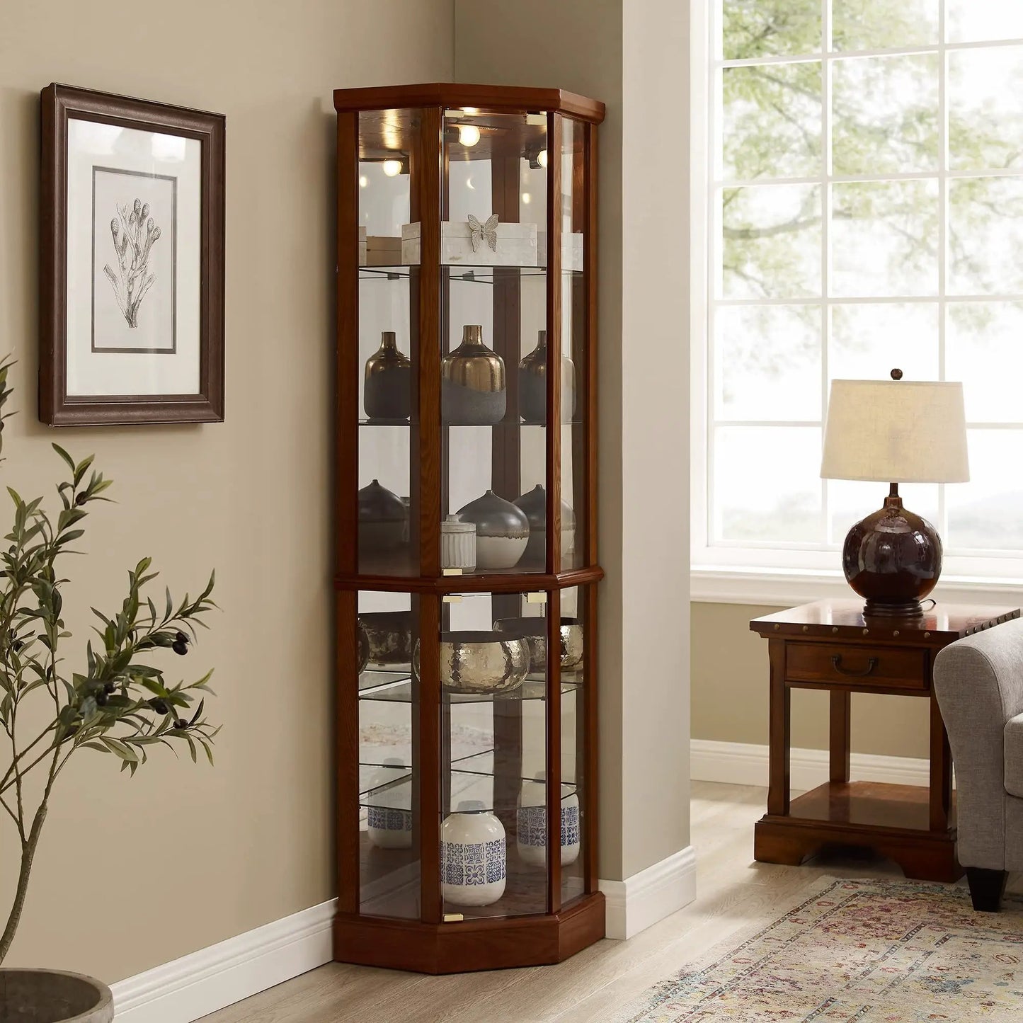 6-shelf lighted corner curio cabinet with adjustable tempered glass shelves and mirrored back on Tampa Home & Garden Store