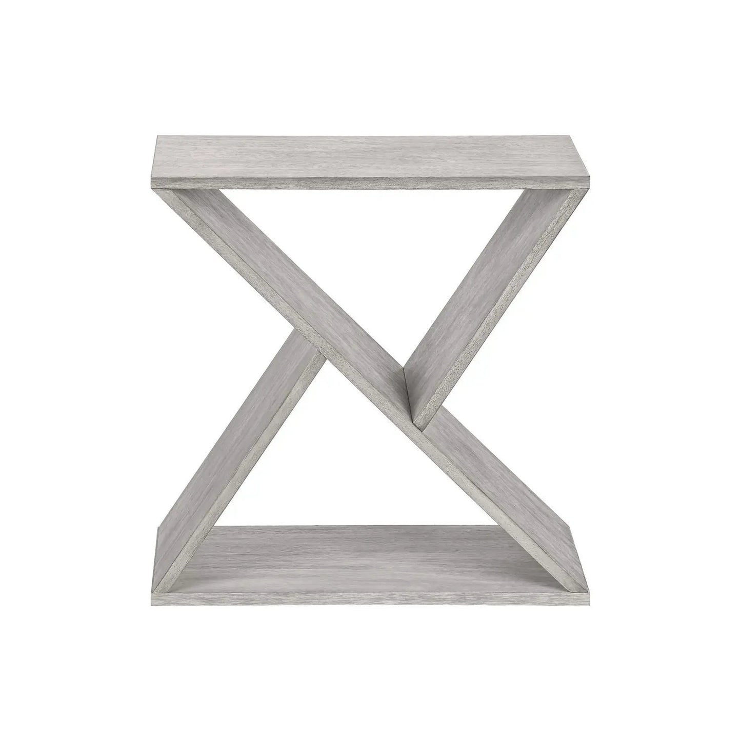 Accent Side Table Unique Piece Furniture light gray wood, modern X-frame design on Tampa Home & Garden Store