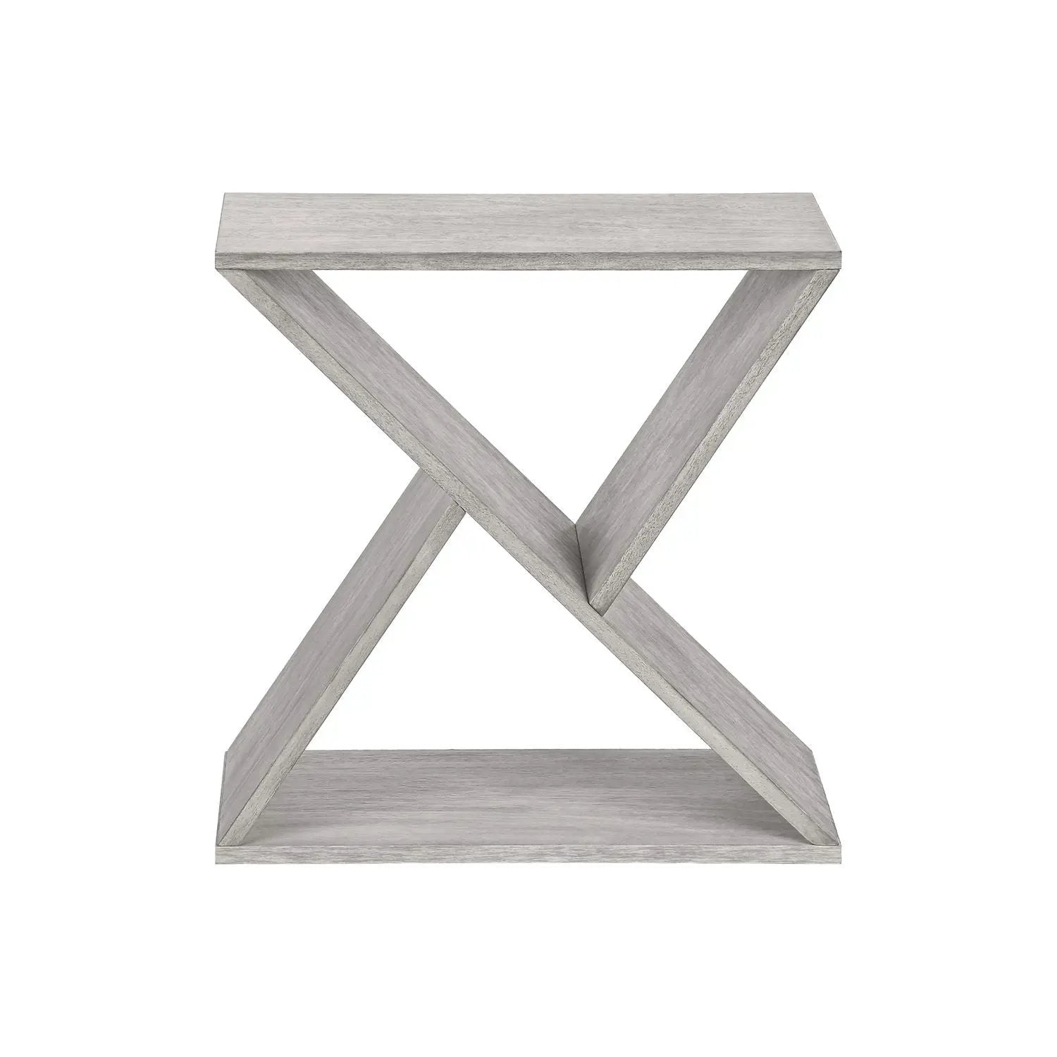 Accent Side Table Unique Piece Furniture light gray wood, modern X-frame design on Tampa Home & Garden Store