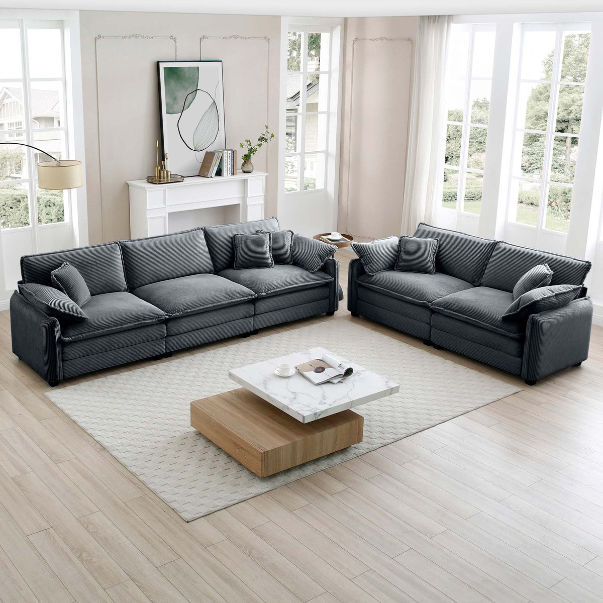 Family sofa set with deep-seat navy striped upholstery for living room on Tampa Home & Garden Store