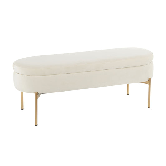 Contemporary glam storage bench with hidden storage, cream upholstery and gold legs on Tampa Home & Garden Store