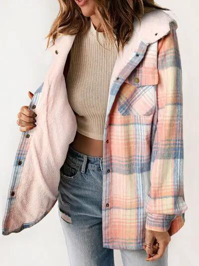 Plaid Snap Down Plush Hooded Jacket Women Warm