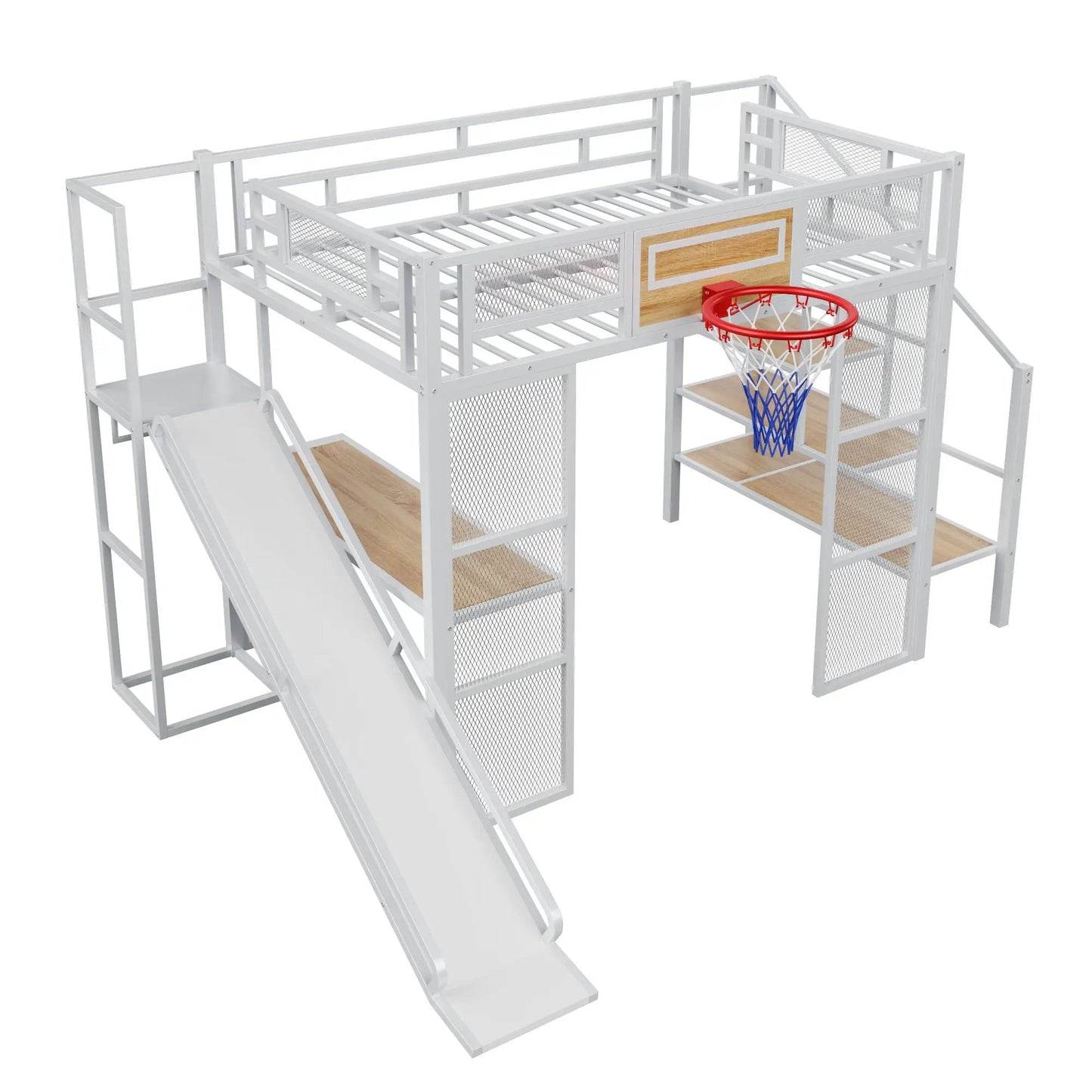 Loft bed with built in desk, open wardrobe, basketball hoop, slide and staircase in white metal frame on Tampa Home & Garden Store