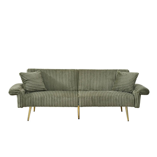 Luxury Foldable Double Sofa Bed with folding armrests in gray ribbed fabric and gold legs on Tampa Home & Garden Store
