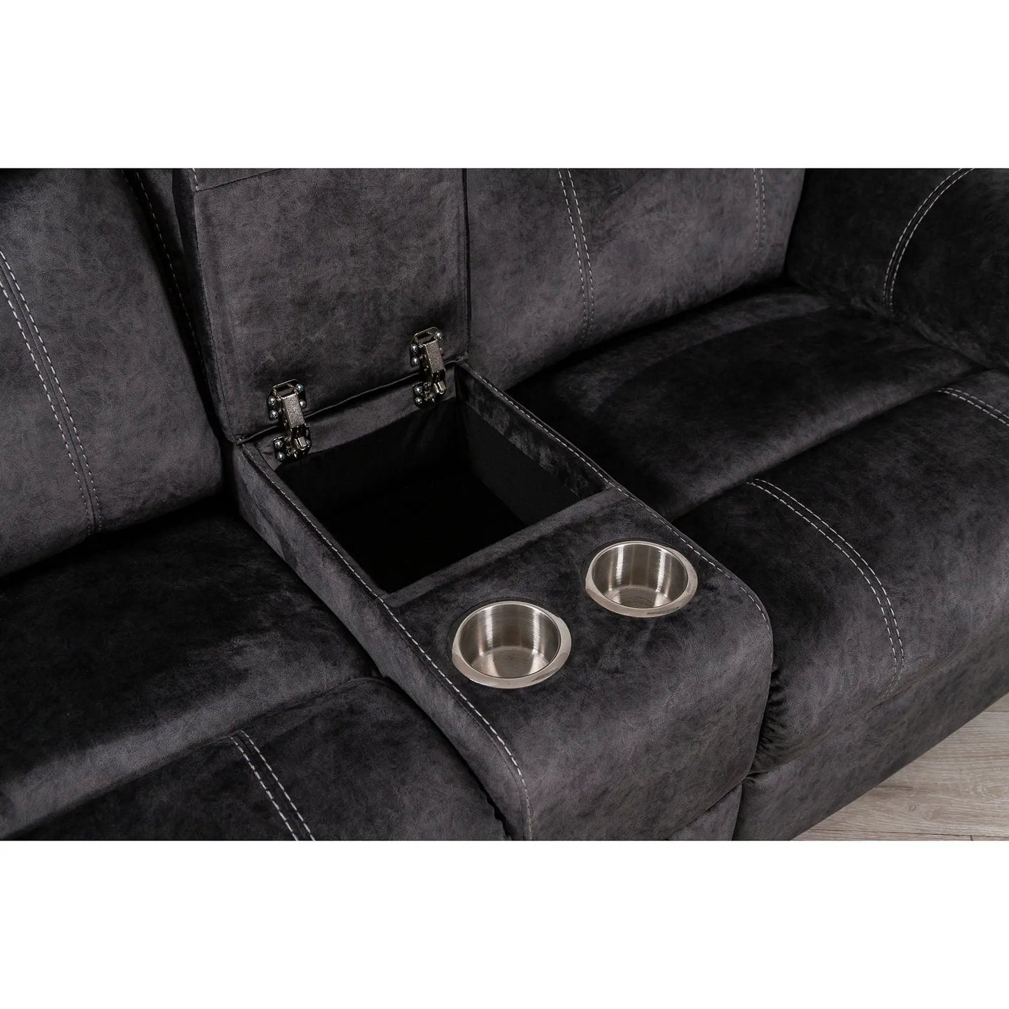 Sonet Domino Recliner loveseat by Unique Piece Furniture charcoal suede with cup holder console on Tampa Home & Garden Store