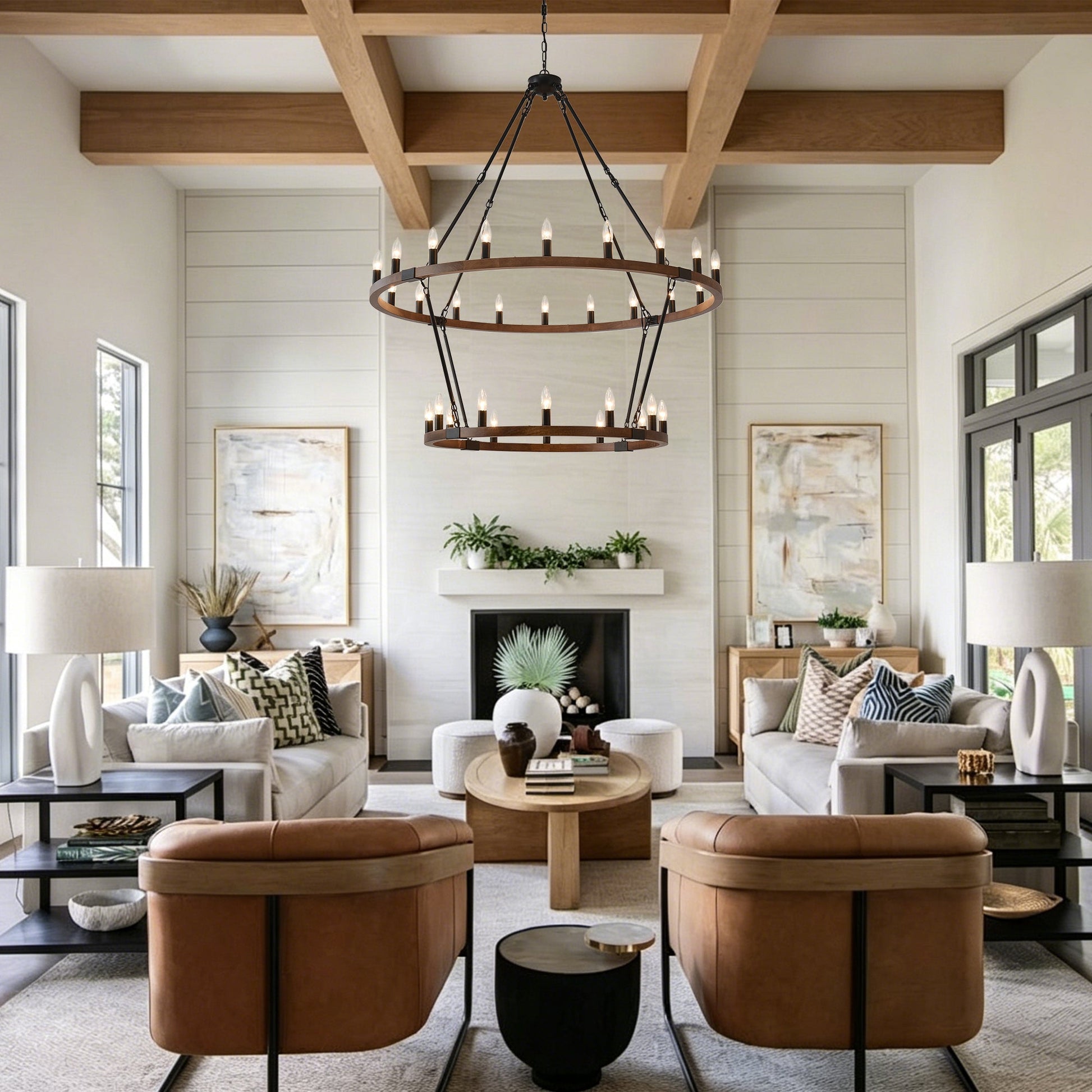 Large Solid Wood Wagon Wheel Chandelier, 2-tier 32 lights, dark wood iron finish on Tampa Home & Garden Store