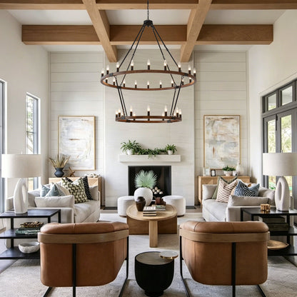 Large Solid Wood Wagon Wheel Chandelier, 2-tier 32 lights, dark wood iron finish on Tampa Home & Garden Store