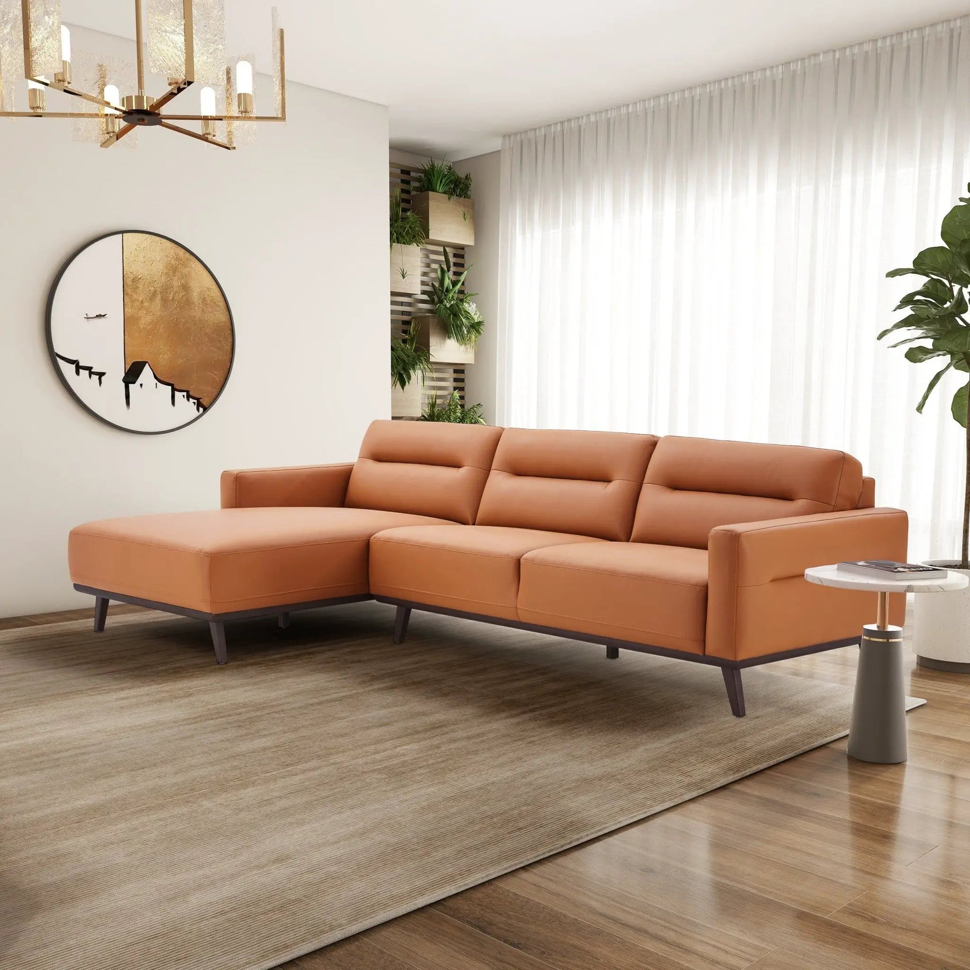 Ella L-Shaped Sectional Couch in tan leather, stationary with metal legs on Tampa Home & Garden Store