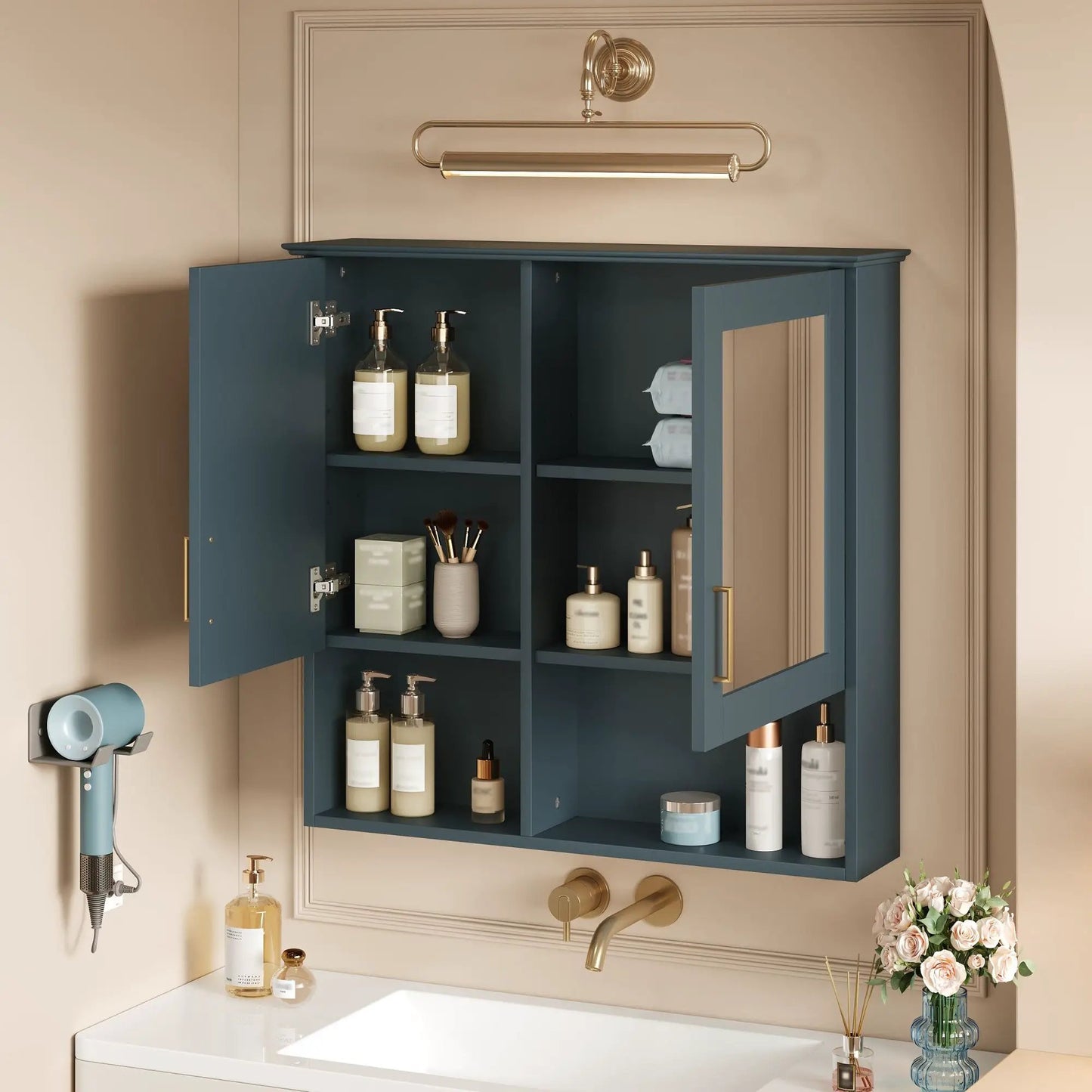2 In 1 Wall-Mounted Mirror Cabinet in blue finish with adjustable shelves and soft-close doors on Tampa Home & Garden Store