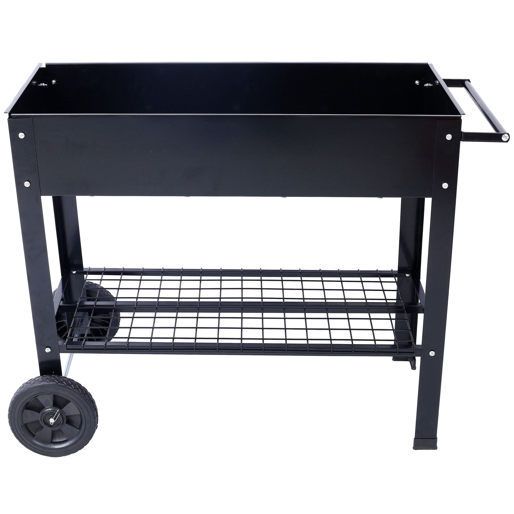 Elevated mobile ergonomic black metal planter bed with wheels and grid shelf on Tampa Home & Garden Store