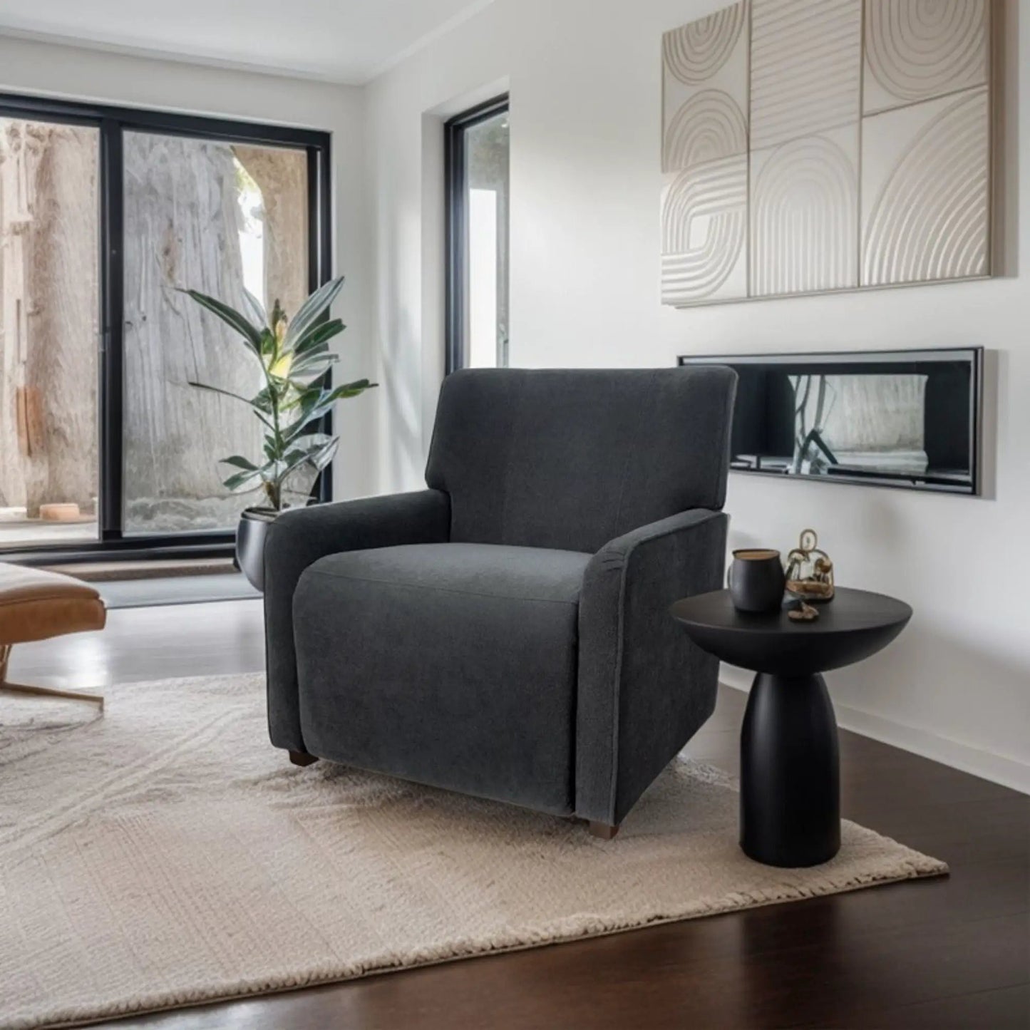 Stylish Gray Recliner Chair by Unique Piece Furniture in a modern living room with dark wood floors and contemporary wall art on Tampa Home & Garden Store