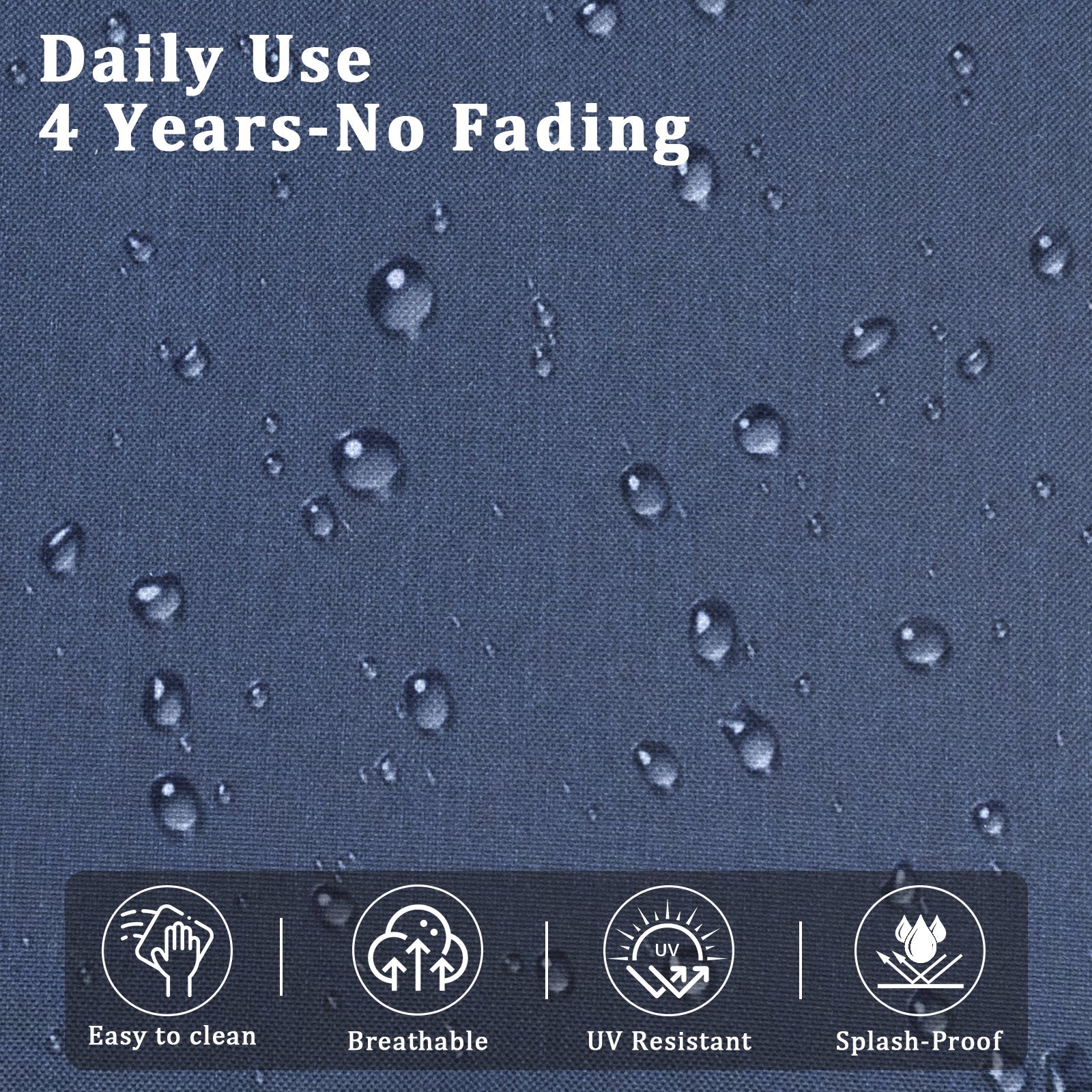 Blue textured outdoor fabric swatch for HouseOfZazla wicker patio sofa; water droplets on fabric on Tampa Home & Garden Store