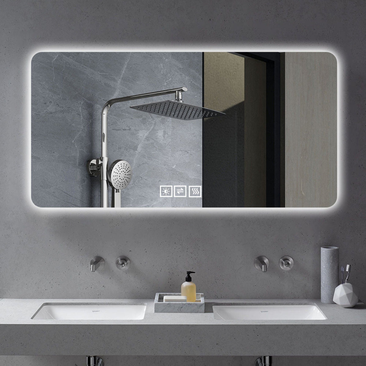 LED bathroom mirror with 3 color dimmable backlight Pearl Silver above a double vanity on Tampa Home & Garden Store