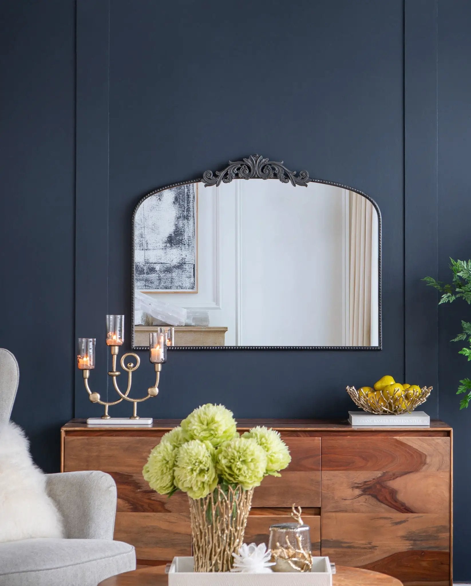 Arch Mirror, Baroque-inspired ornate crest, black frame with nailhead edge on navy wall on Tampa Home & Garden Store