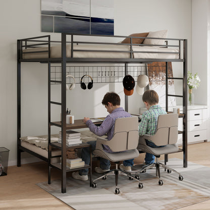 Ethan bunk bed with desk and storage shelves in black metal frame; two beige desk chairs on Tampa Home & Garden Store