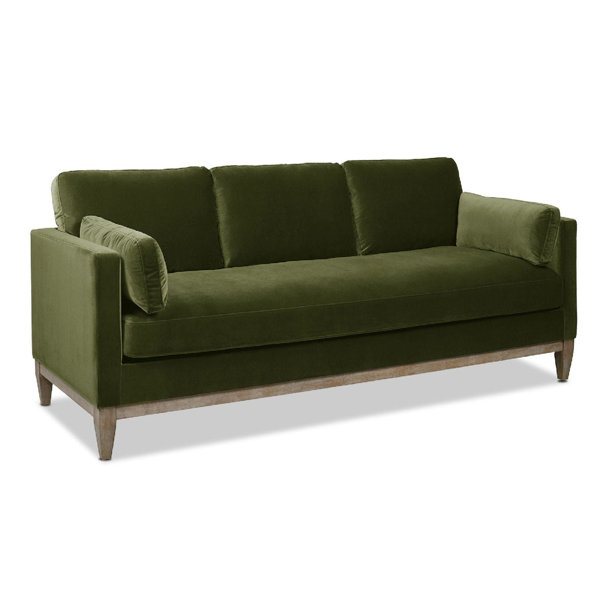 Knox Modern Farmhouse Sofa by HouseOfZazla in olive green velvet with wooden legs on Tampa Home & Garden Store