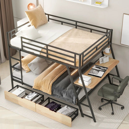 Full size black metal bunk bed with built-in desk, light, and two under-bed drawers on Tampa Home & Garden Store