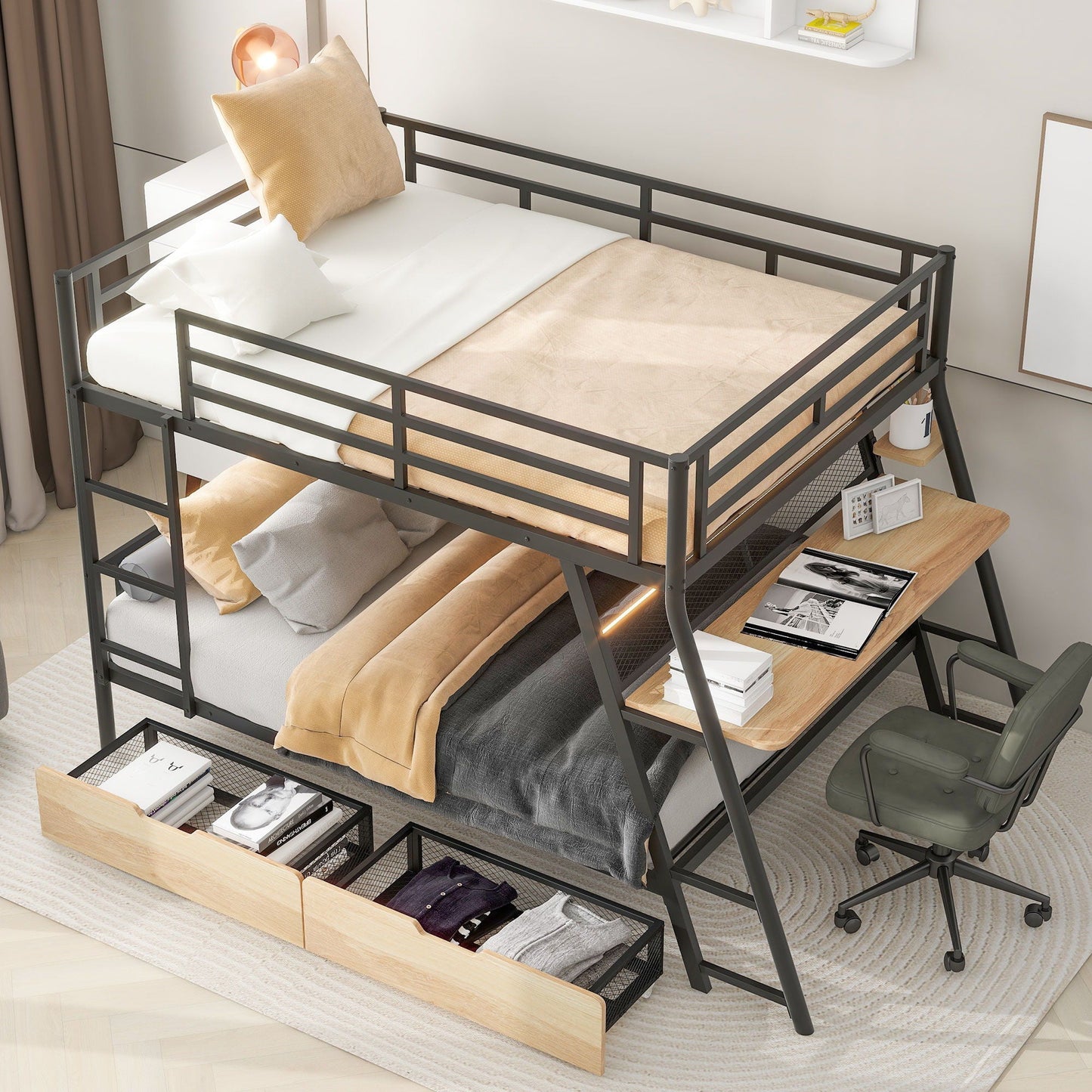 Full-size bunk bed in black metal with built-in desk, integrated light, and two drawers on Tampa Home & Garden Store