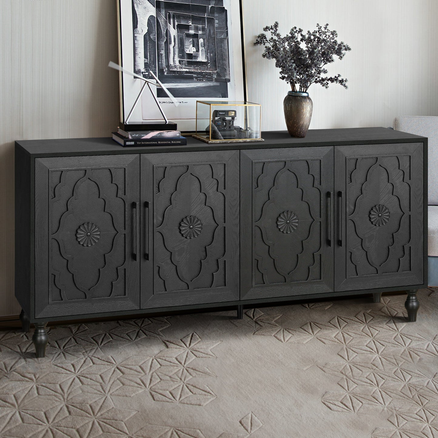 Carved Flower Door Large Storage Cabinet with Metal Handle dark gray HouseOfZazla on Tampa Home & Garden Store