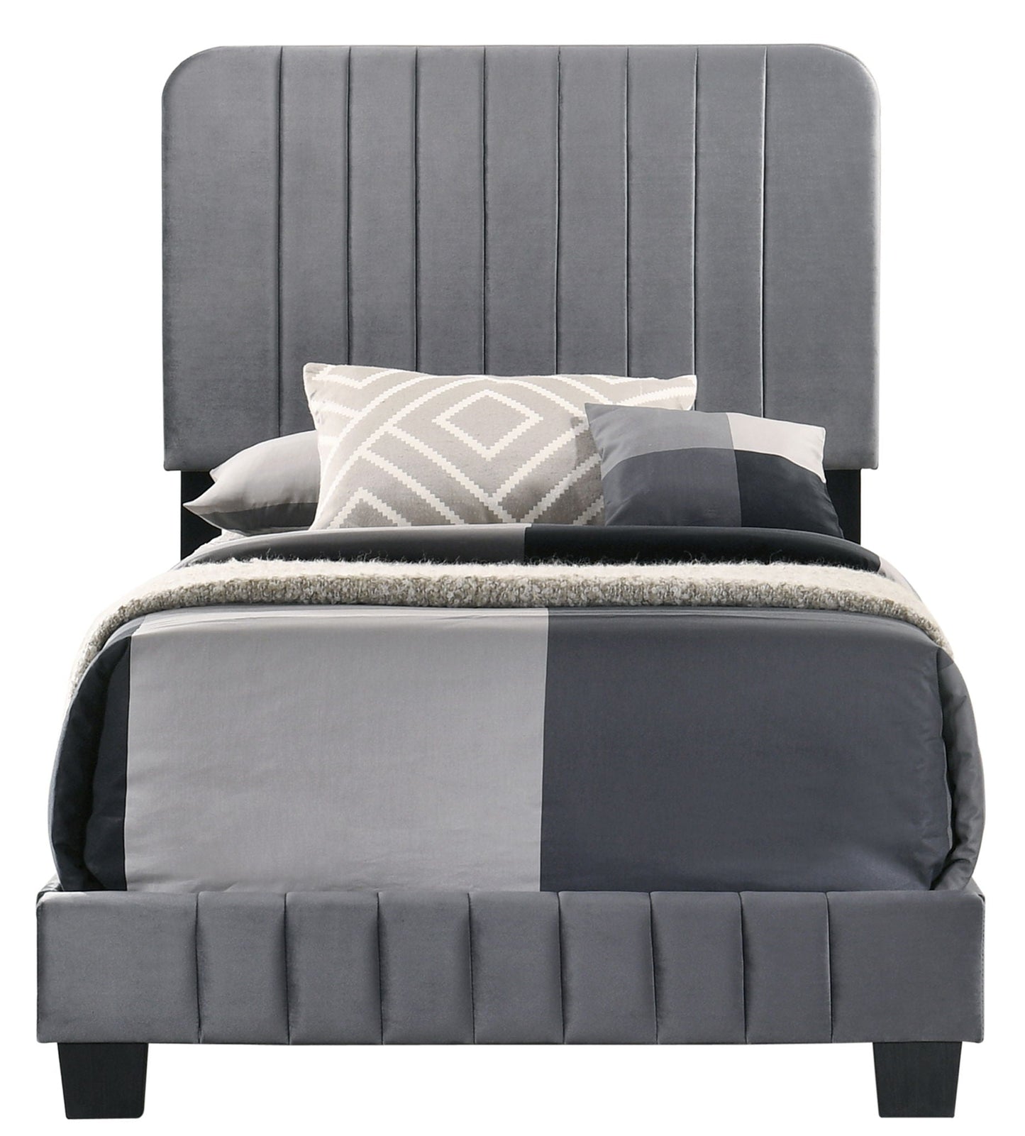 Channel Tufted Bed in gray fabric with vertical tufting and dark legs on Tampa Home & Garden Store