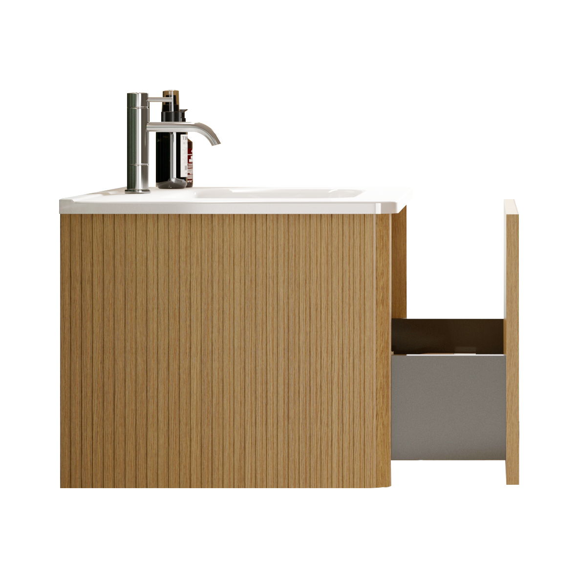 Striped bathroom vanity with white ceramic sink, wall-mounted floating and curved edges on Tampa Home & Garden Store