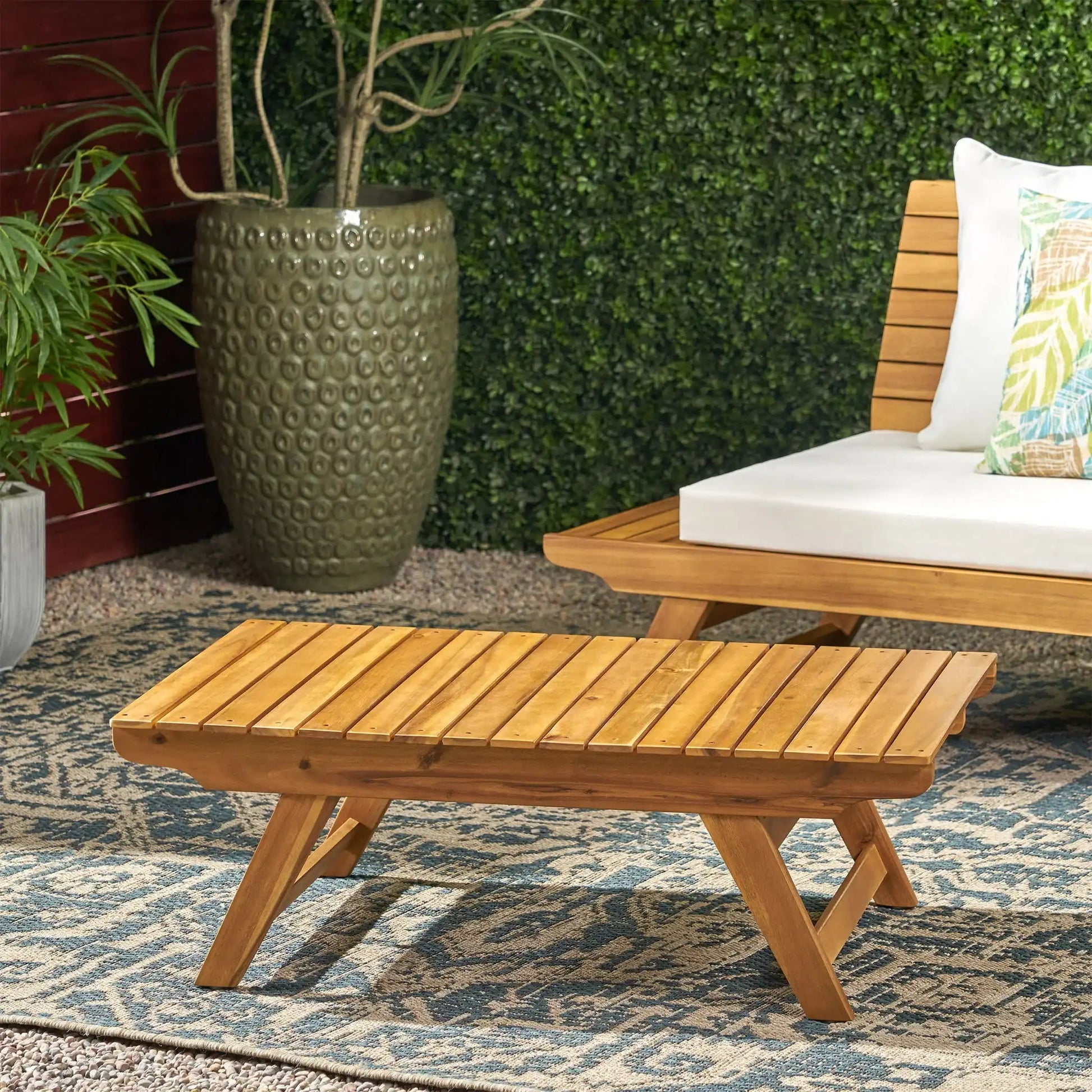 Outdoor Acacia Wood Coffee Table with Open Slat Design in natural wood by HouseOfZazla on Tampa Home & Garden Store