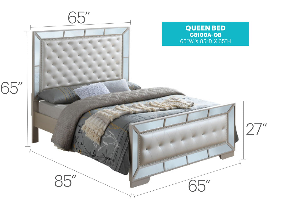 Queen panel bed by HouseOfZazla with tufted beige headboard and mirrored frame 65W x 85D x 65H on Tampa Home & Garden Store