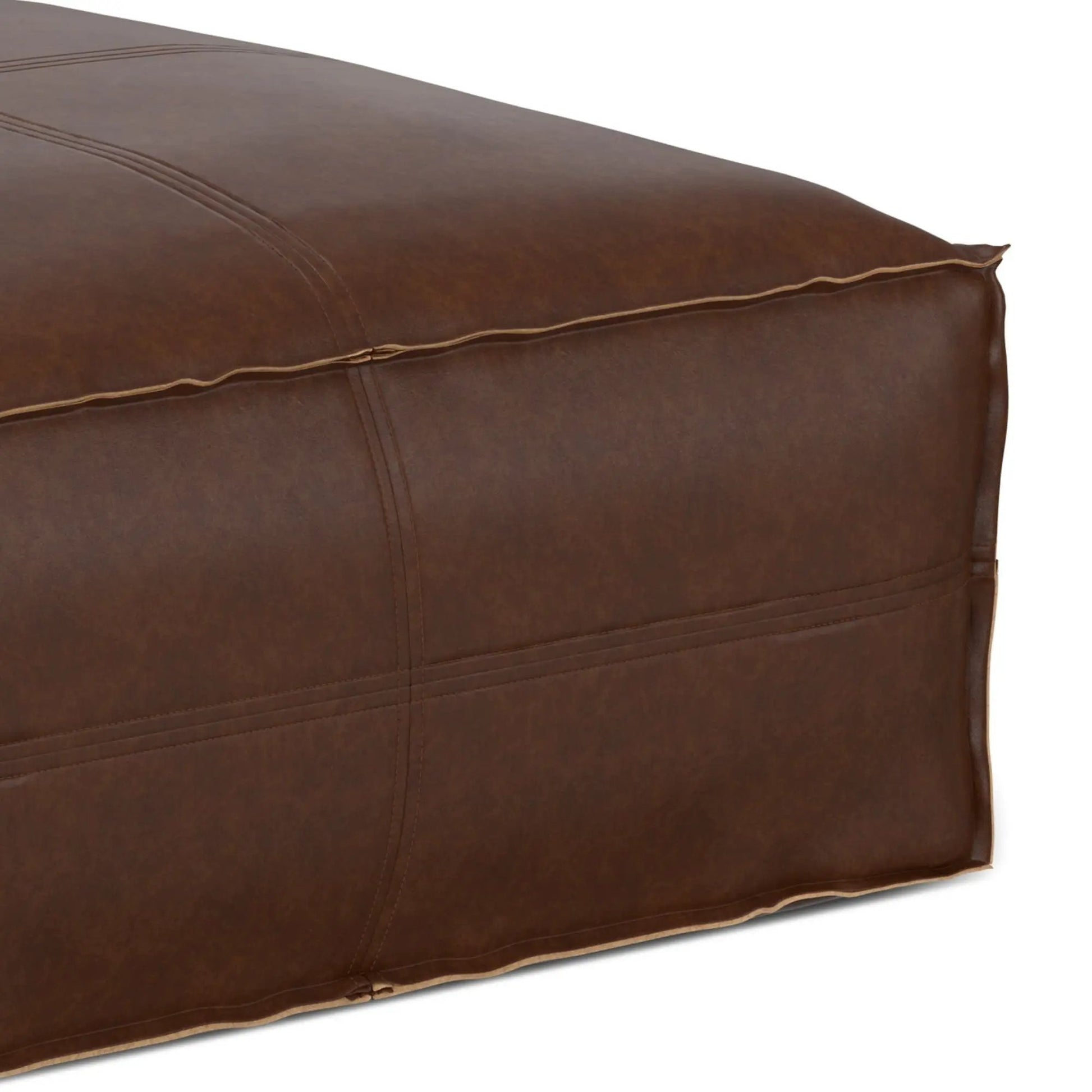 Brody Large Square Coffee Table Pouf by Unique Piece Furniture, brown leather with beige piping on Tampa Home & Garden Store