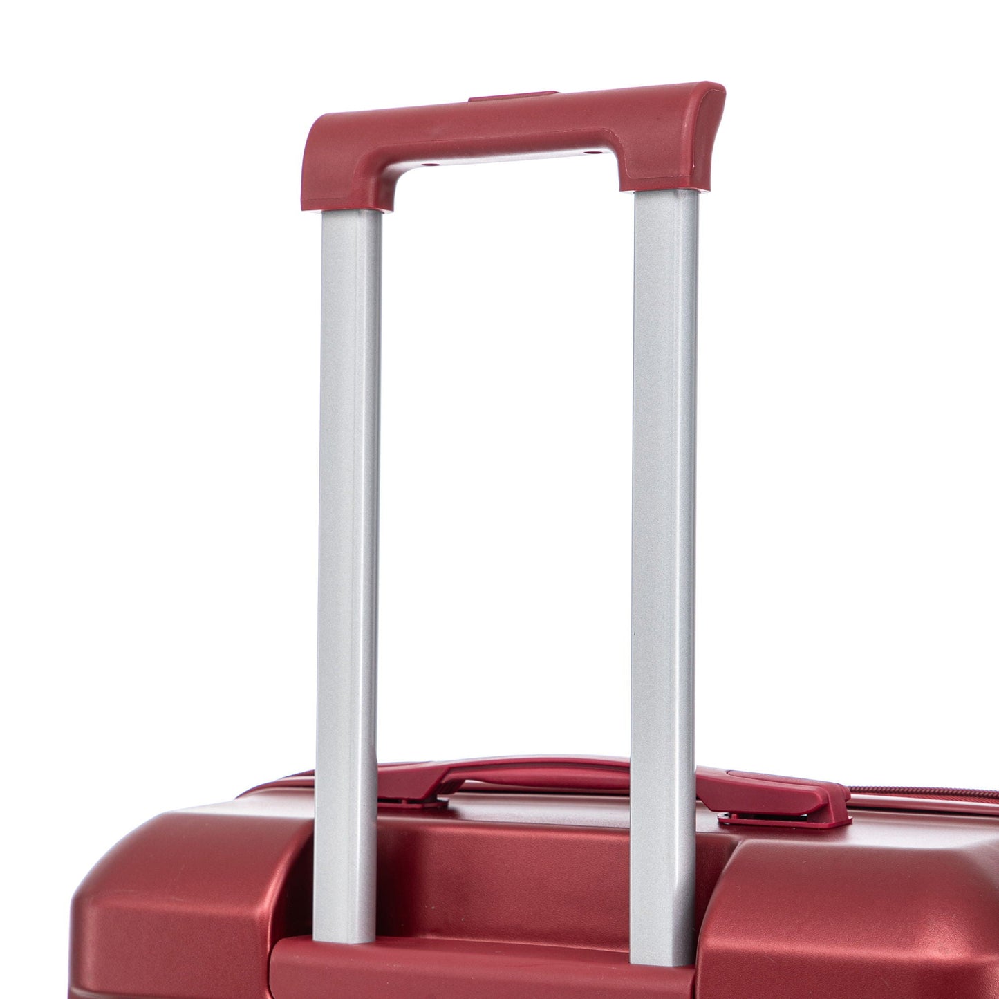 Red luggage with silver telescoping handle from HouseOfZazla 3-piece spinner set on Tampa Home & Garden Store