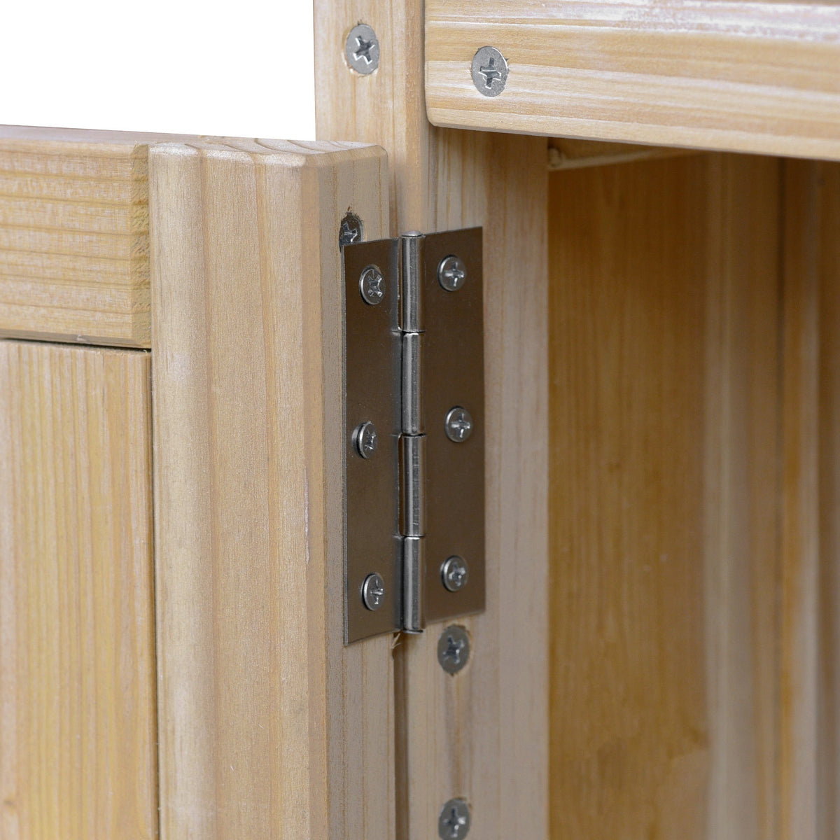 K&K Outdoor Kitchen Island cabinet hinge close-up on wood panel on Tampa Home & Garden Store