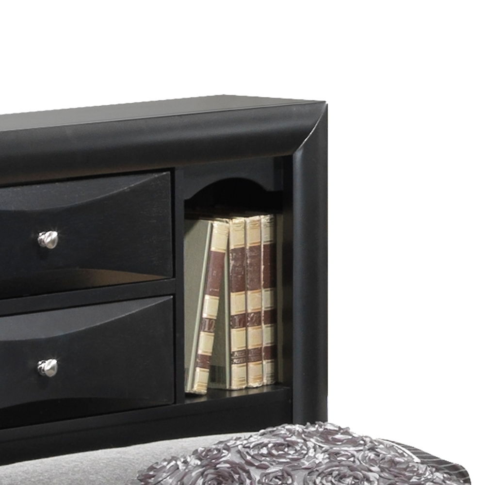 Black storage bed with bookcase headboard, two drawers and built-in bookshelf of books on Tampa Home & Garden Store
