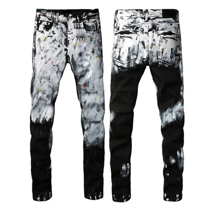 Pair of High Street jeans black slim-fit stretch denim with paint splatter, front/back views on Tampa Home & Garden Store