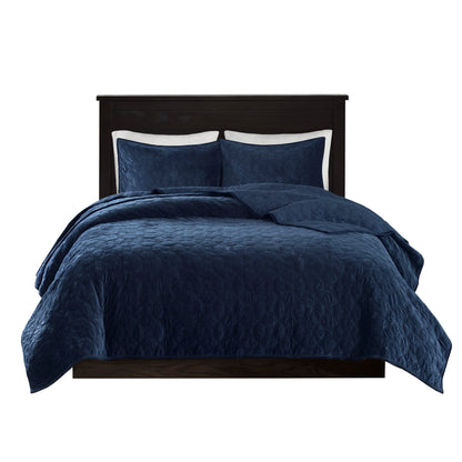 Navy velvet quilt set King/Cal King, 3-piece with geometric stitching on Tampa Home & Garden Store