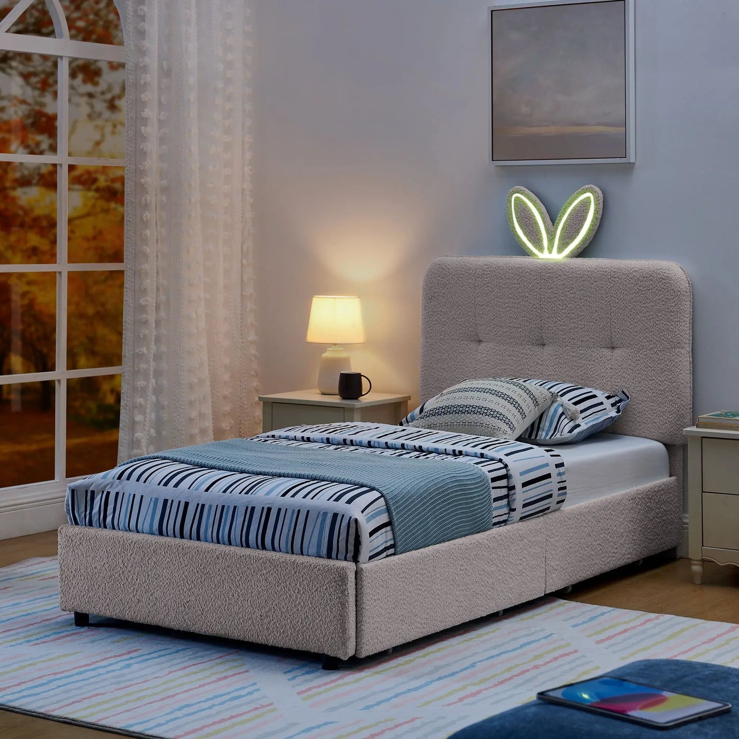 Upholstered Bed with Rabbit Ear Headboard and LED