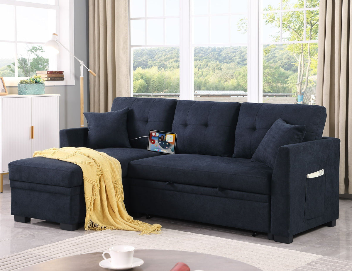 Sleeper sectional sofa bed, navy fabric, L-shaped with matching ottoman by HouseOfZazla on Tampa Home & Garden Store
