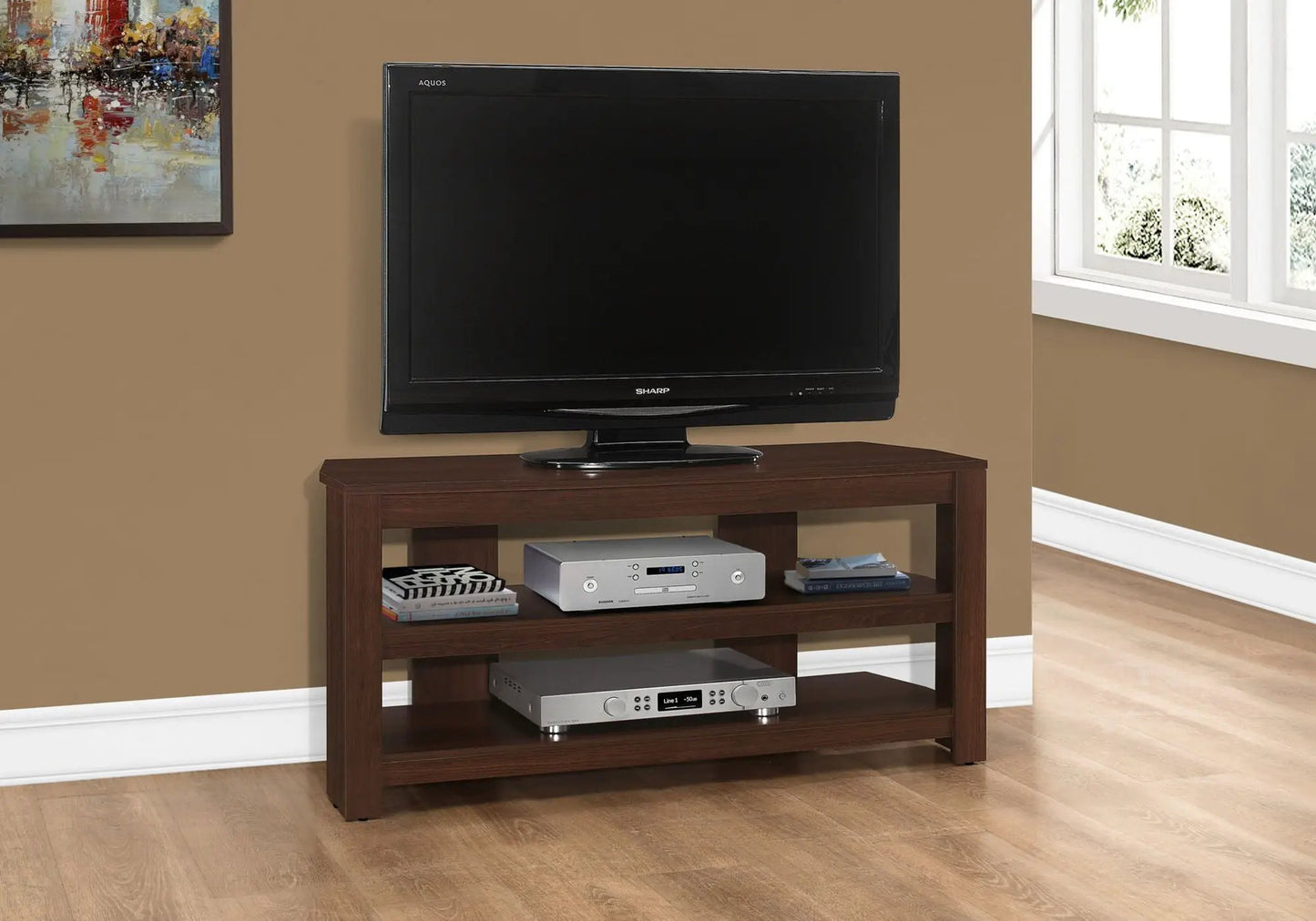 TV stand console in cherry finish with open shelves and a Sharp Aquos TV on top on Tampa Home & Garden Store