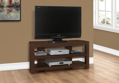 TV stand console in cherry finish with open shelves and a Sharp Aquos TV on top on Tampa Home & Garden Store