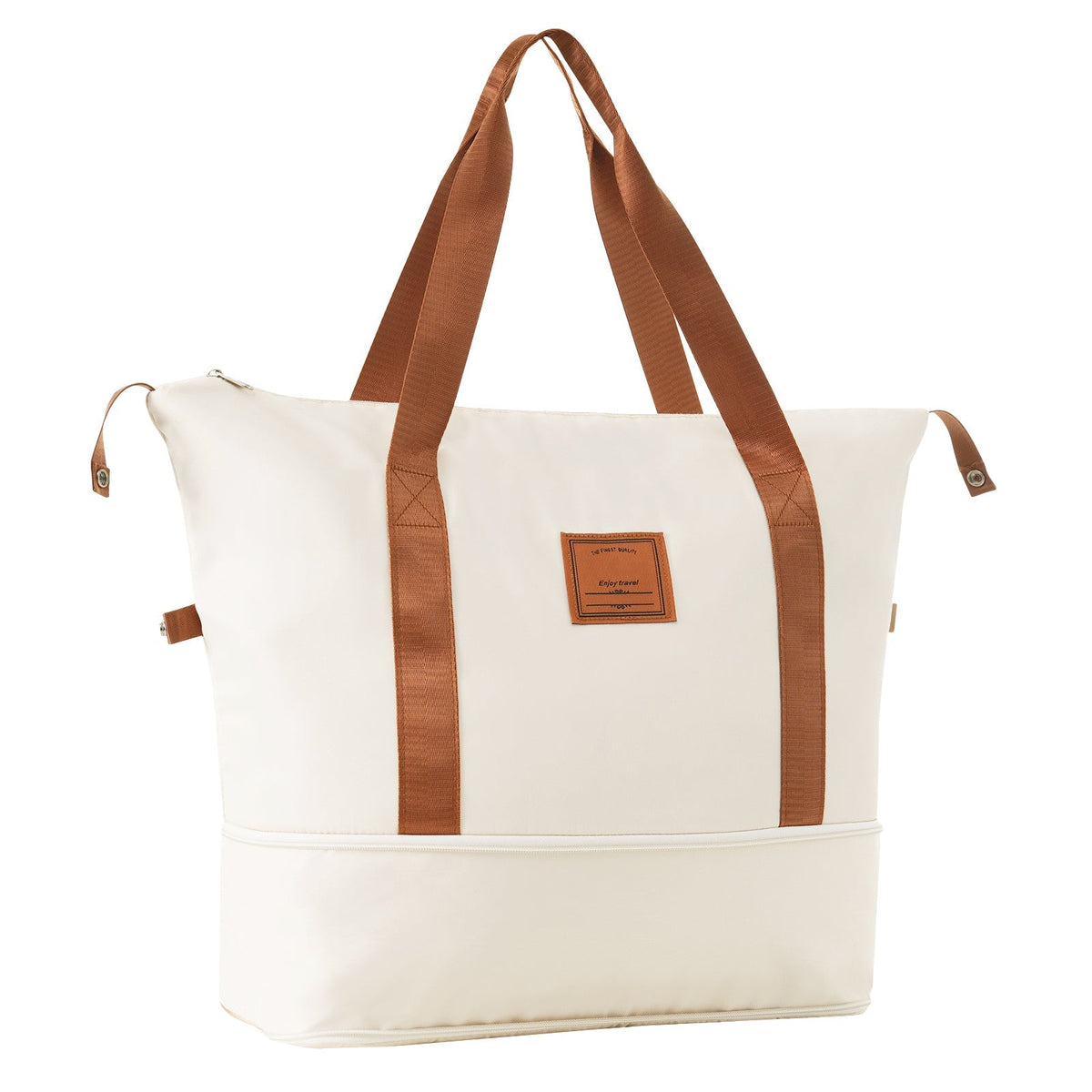 Luggage tote by HouseOfZazla white bag with brown webbing handles and patch on Tampa Home & Garden Store