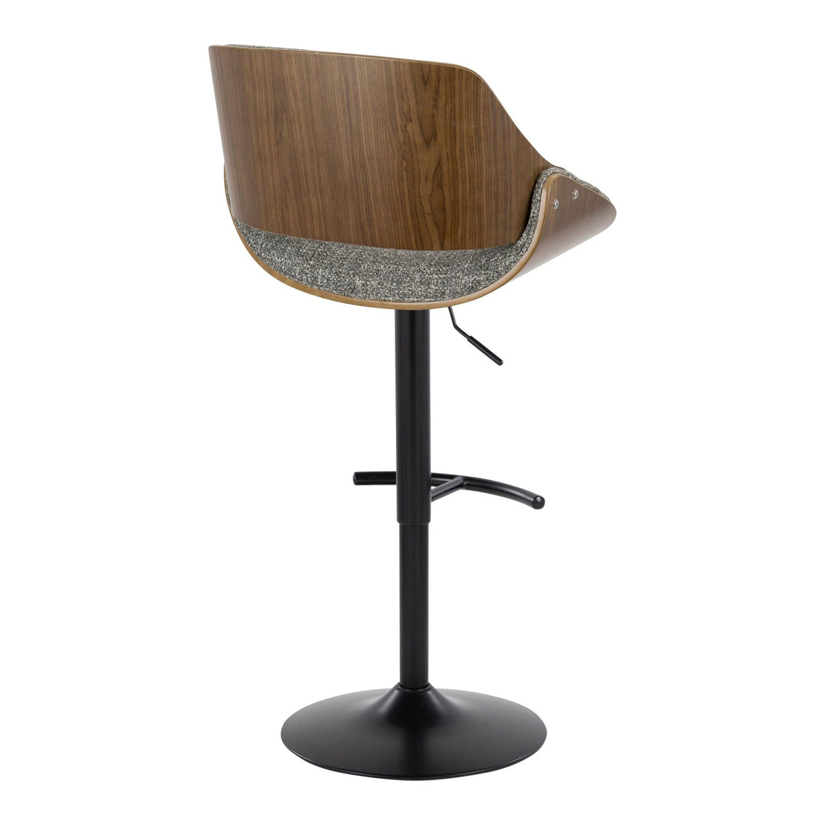 Mid-Century modern adjustable bar stool, wood veneer back, trim, black pedestal base on Tampa Home & Garden Store